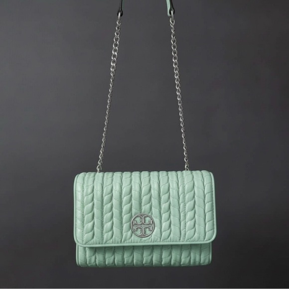 💚 Tory Burch - Mint Green Kira Ruched Small Convertible Shoulder Bag 👝 - Picture 5 of 12